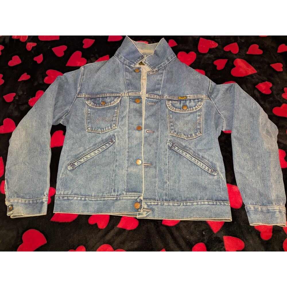 Wrangler Denim Jacket 1980s Trucker Western Vintage Made in USA Size Medium